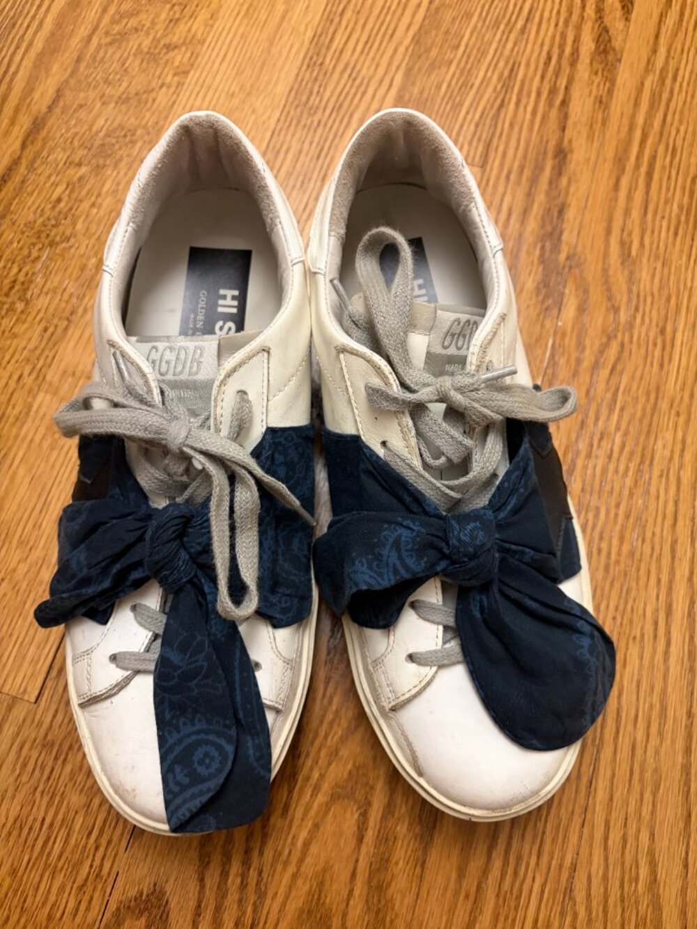 Golden Goose Hi Star Leather Sneakers White Navy Star Scarf Laces EU 38 US 8 - Picture 3 of 9
